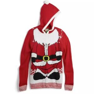 Novelty Holiday Party Christmas Sweater Sz L Red Fuzzy Hooded Santa Ugly Kitsch
